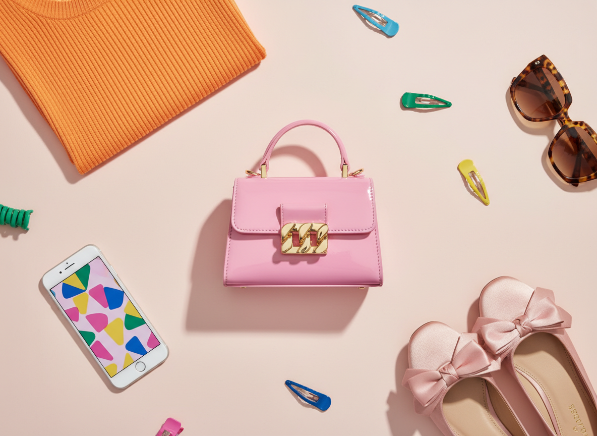 A curated flat lay of playful fashion essentials arranged on a clean, pale blush backdrop. At the center, a glossy patent mini handbag in bubblegum pink with a chunky gold clasp, surrounded by oversized tortoiseshell sunglasses, a folded ribbed knit crop top in citrus orange, and satin ballet flats with exaggerated bows. A scattering of color-saturated enamel hair clips and a slim, chrome-finished smartphone with an aesthetic lockscreen add modern detail. Soft studio lighting from above creates gentle, well-defined shadows and subtle reflections on the patent and metal surfaces. Shot from a true bird’s-eye view with crisp focus throughout, the composition feels editorial yet approachable, embodying photographic realism with a vibrant, playful, and modern fashion aesthetic perfect for a style inspiration homepage.