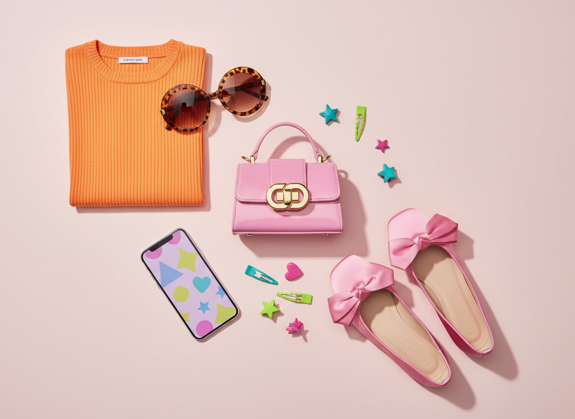 A curated flat lay of playful fashion essentials arranged on a clean, pale blush backdrop. At the center, a glossy patent mini handbag in bubblegum pink with a chunky gold clasp, surrounded by oversized tortoiseshell sunglasses, a folded ribbed knit crop top in citrus orange, and satin ballet flats with exaggerated bows. A scattering of color-saturated enamel hair clips and a slim, chrome-finished smartphone with an aesthetic lockscreen add modern detail. Soft studio lighting from above creates gentle, well-defined shadows and subtle reflections on the patent and metal surfaces. Shot from a true bird’s-eye view with crisp focus throughout, the composition feels editorial yet approachable, embodying photographic realism with a vibrant, playful, and modern fashion aesthetic perfect for a style inspiration homepage.
