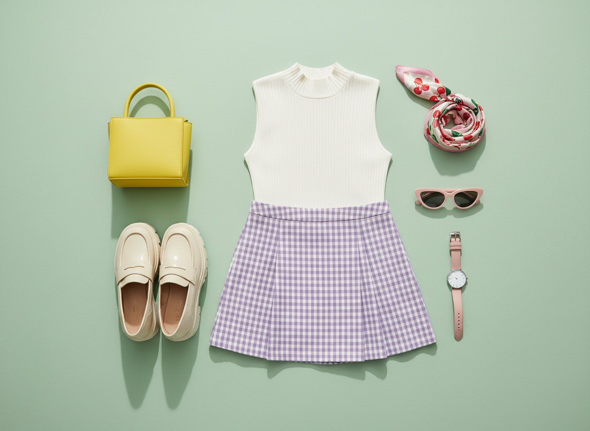 A meticulously styled outfit grid laid out on a matte, pale pistachio backdrop in crisp photographic realism. At the center lies a tailored gingham mini skirt in lavender and white, paired with a tucked-in ribbed white mock-neck top. To the side, a pair of chunky platform loafers in glossy cream are aligned toe-to-toe, and a structured micro tote in saturated lemon yellow rests above them. Completing the look are cat-eye sunglasses with translucent frames, a minimalist watch with a blush leather strap, and a playful printed silk scarf curled into a spiral. Bright, diffused daylight from the top of the frame yields soft, even illumination and minimal shadows. Captured perfectly overhead with sharp focus and generous negative space, the composition feels fresh, organized, and inherently shoppable, embodying the playful spirit of “get the look.”