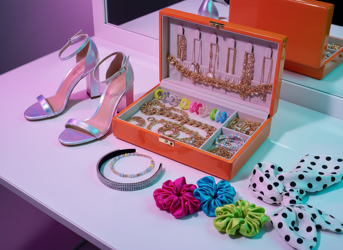 An ultra-stylized vanity surface in photographic realism, featuring an open lacquered jewelry box in bright tangerine, overflowing with neatly arranged chunky resin rings, layered gold chains, and pastel beaded chokers. The box rests on a glossy white tabletop that reflects the saturated colors. Nearby, a pair of iridescent strappy heels with sculptural heels are positioned diagonally, their straps catching the light. Scattered around are silk scrunchies, a rhinestone hairband, and a folded polka-dot scarf. Neon-accented ambient lighting casts a candy-colored glow—soft pink from the left and aqua from the right—creating playful reflections and gentle, overlapping shadows. Captured from a slightly elevated angle with a strong rule-of-thirds composition, the scene feels energetic, editorial, and delightfully maximalist, ideal for illustrating bold accessorizing ideas.